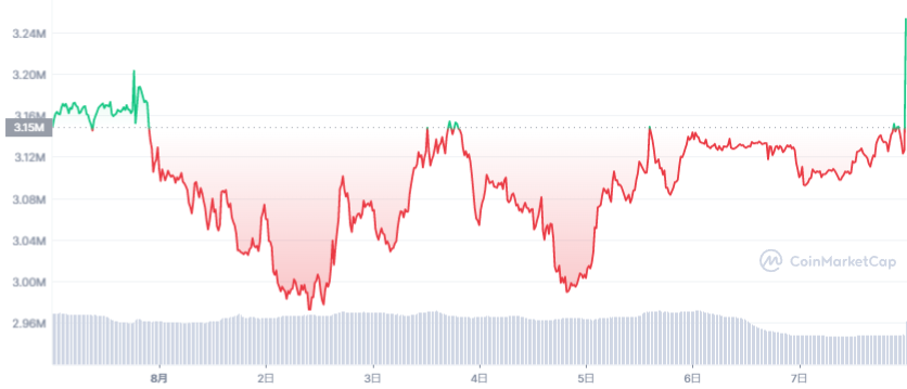 ビットコイン価格チャート（2022年8月1日〜8月7日）